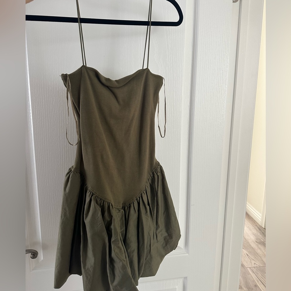 Zara Olive Green Spaghetti Strap Balloon Dress